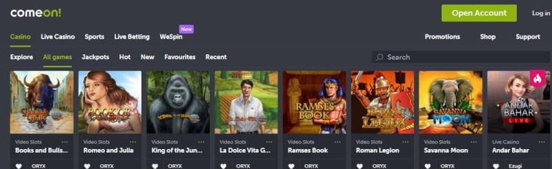 comeon homepage provides casino games, مكافأة الإيداع الأولى وعروض شعار العلامة التجارية الجديدة للاعبين