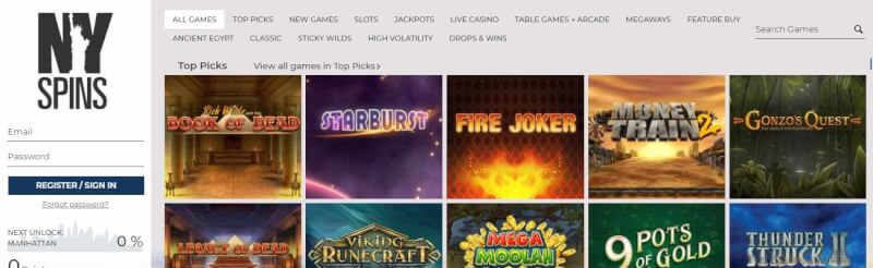 nyspins homepage provides casino games, الإيداع الأول الإضافي وحملات الشعار الجديد للاعبين