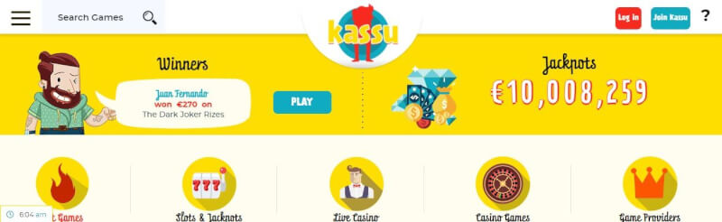 kassu casino lobby offers slots and jackpots, كازينو حقيقي, all gambling games and filtering choices by online game providers-logo