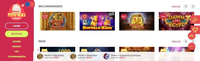 maneki casino homepage provides gambling games, very first deposit extra and offers for brand new players-logo