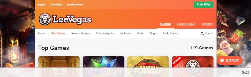 leovegas casino homepage offers gambling games, recreations wagering and promotions for new players-logo