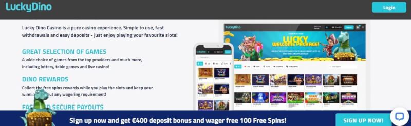 Luckydino casino lobby with slot machines and gambling games, register to get first deposit bonus-logo