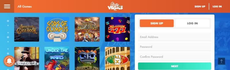 slottyvegas casino lobby offers numerous gambling games, registration choices and bonus offers-logo