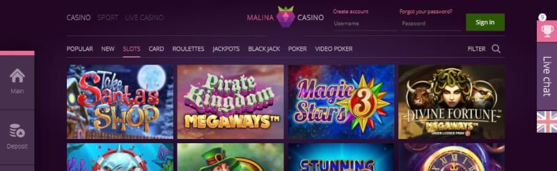malina casino website offers gambling games and offers for brand new players-logo