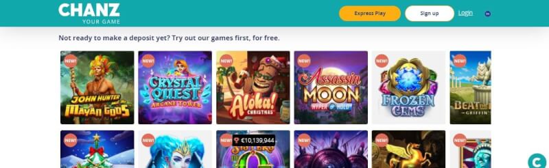 Chanz Casino Lobby is filled with slot machines, live casino and extra offers-logo
